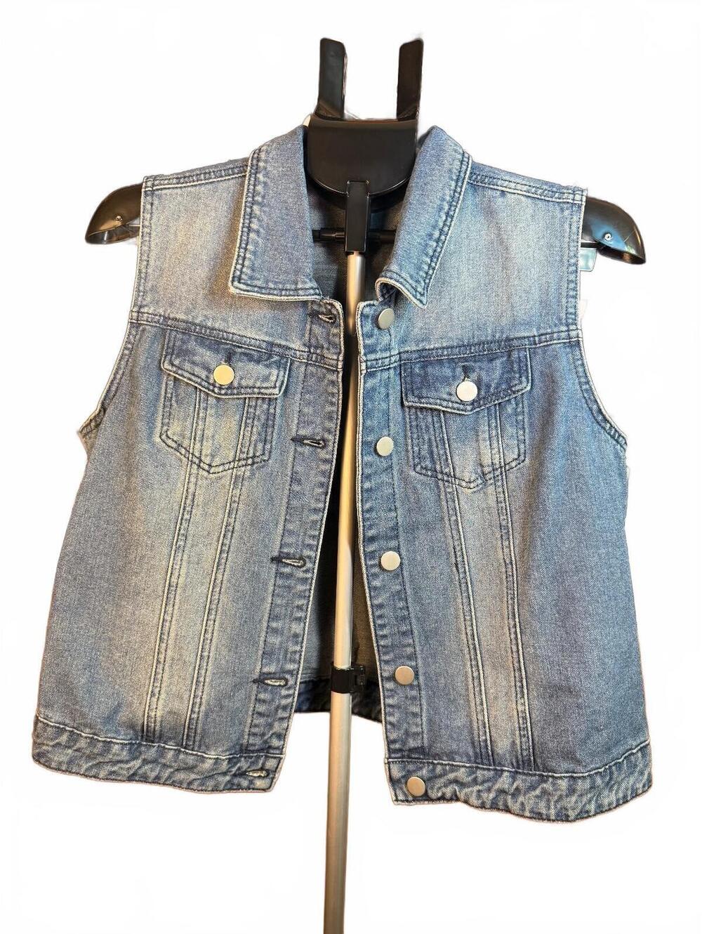 Custom Lady Gaga Vintage Denim Vest w Colorful Patch on back sz L womens
